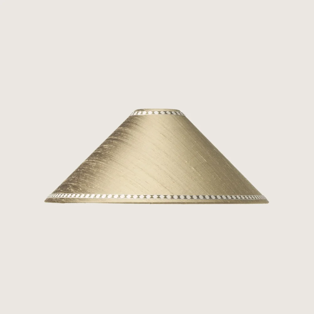 A beautifully formed gray conical lampshade, decorated with a delicate geometric pattern along the top and bottom edges.